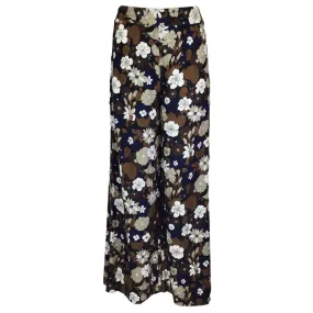 Michael Kors Collection Brown Multi Floral Printed Wide Leg Crepe Pants