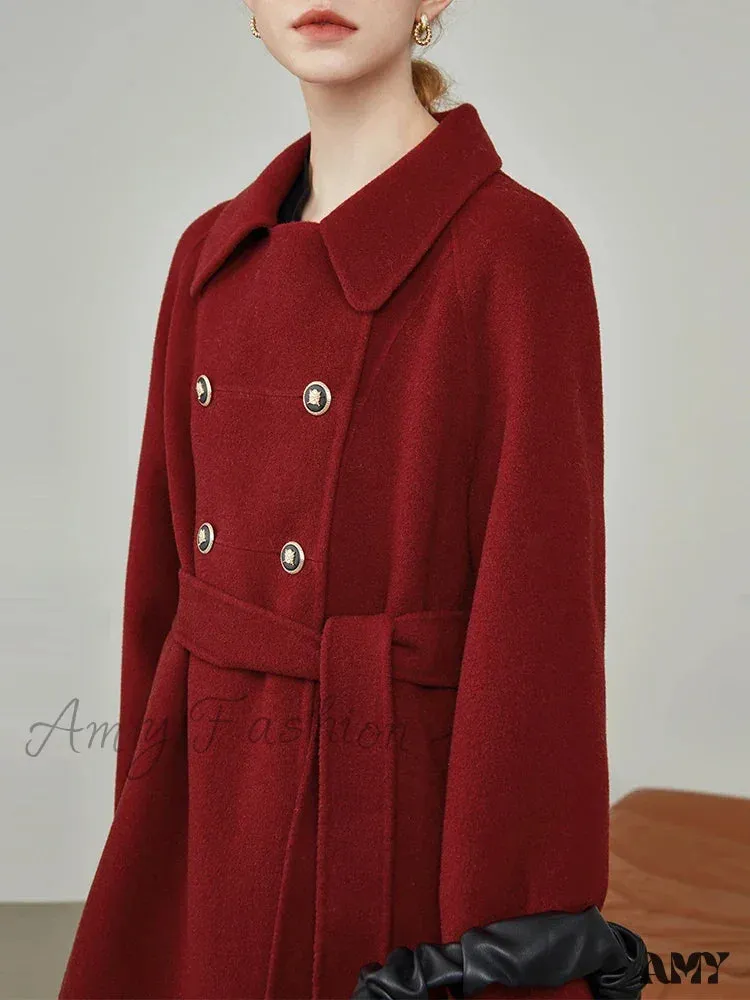 Mid-length Cute Beige Woolen Winter New Loose Waist Office Lady Coat