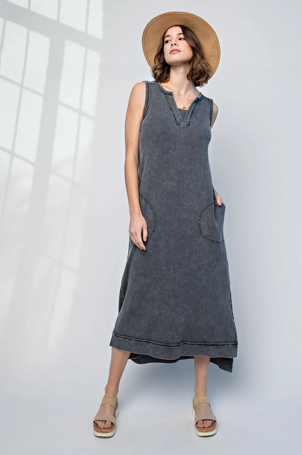 Mineral Wash Sleeveless Waffle Cotton Maxi Dress | Rae Mode - FINAL SALE