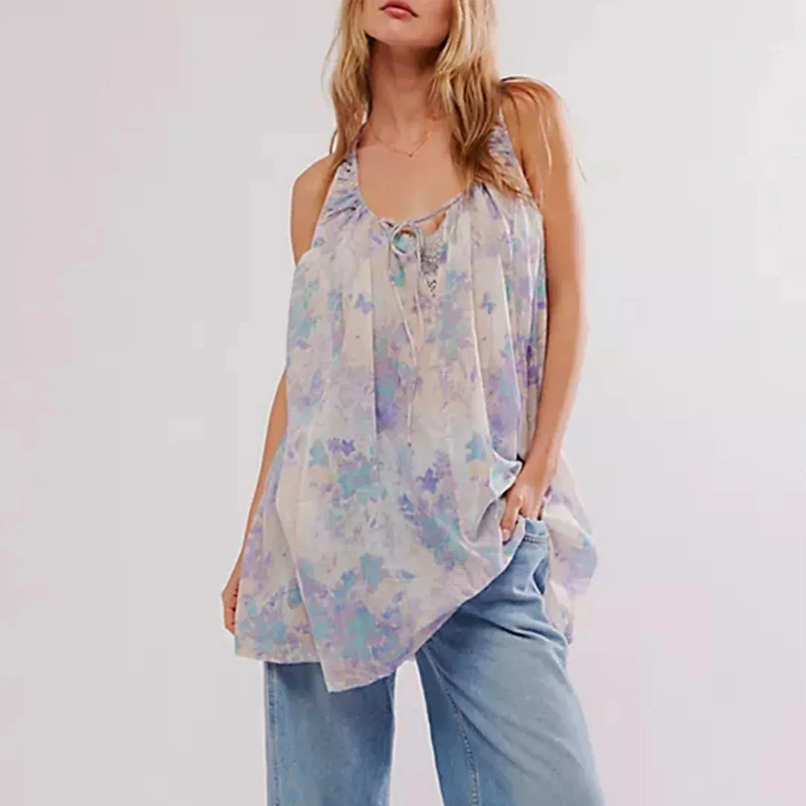 Mini Sleeveless Halter Neck Floral Print Loose Tank Holiday Summer Boho Dress