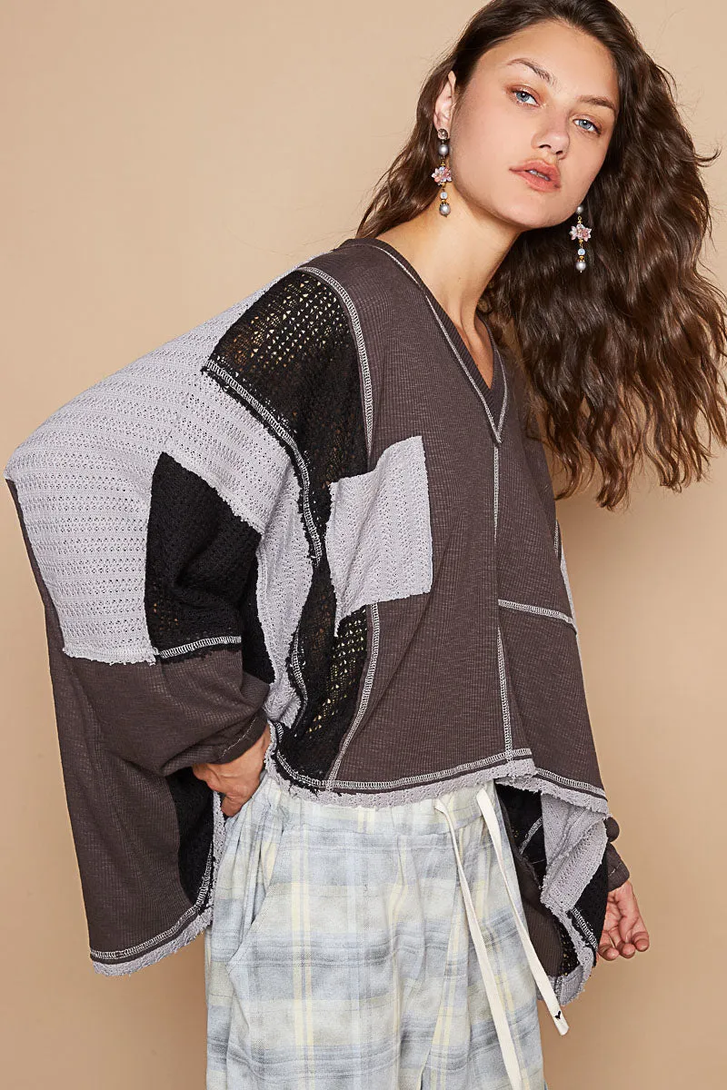 Multi-Texture Pocket Long Sleeve Top by POL - Charcoal