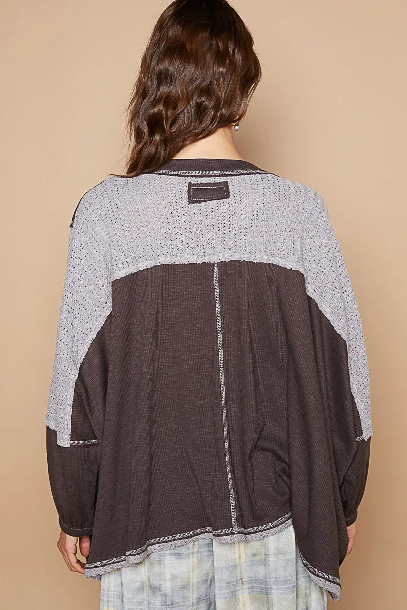 Multi-Texture Pocket Long Sleeve Top by POL - Charcoal