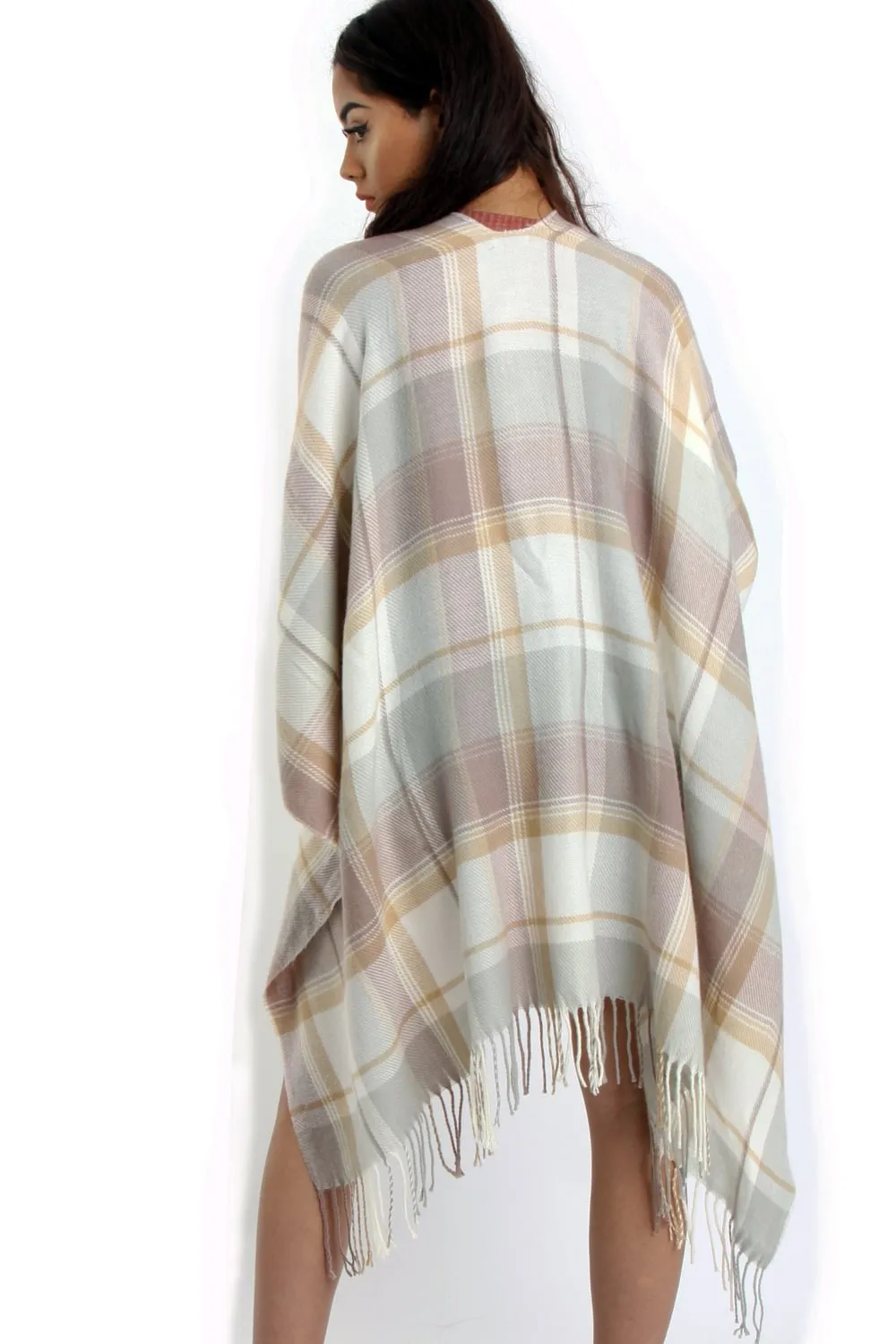 Nude Pink Tartan Check Blanket Cape with Tassels