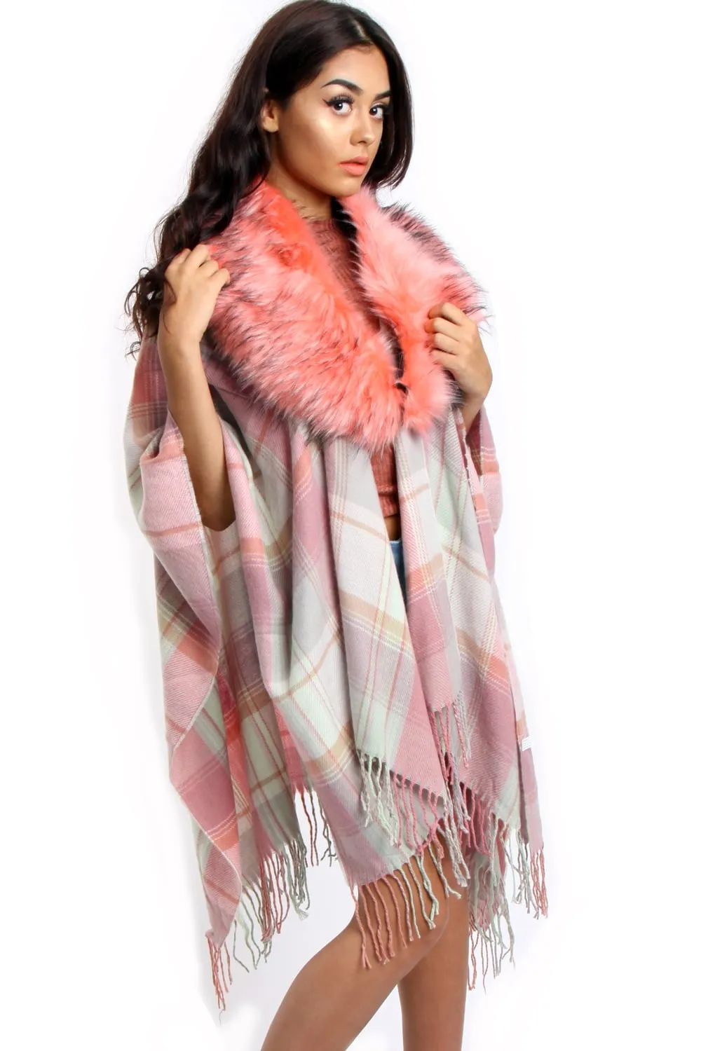 Pale Pink and Mint Green Tartan Check Blanket Cape with Tassels