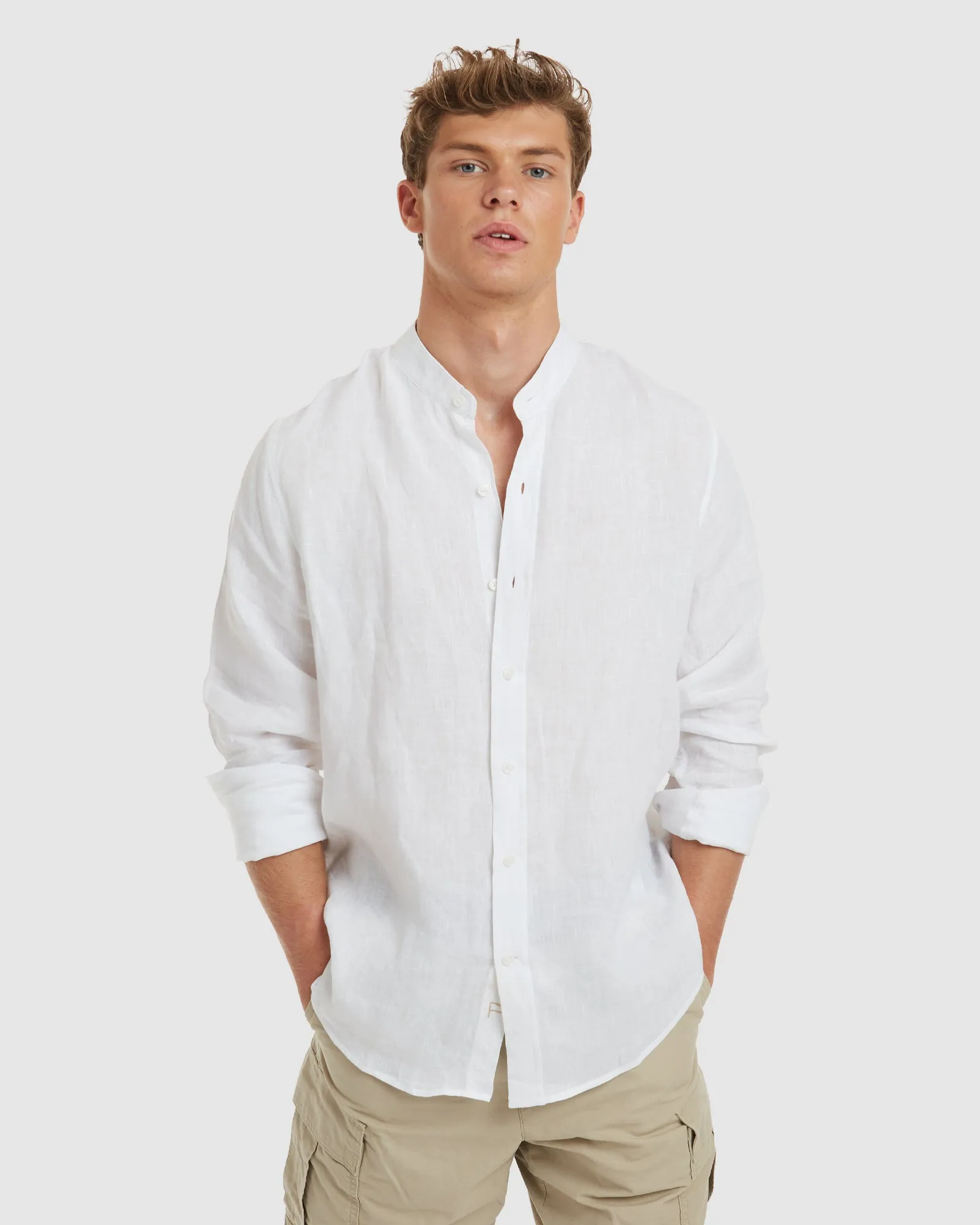 Palma-Slim White Mandarin Collar Linen Shirt