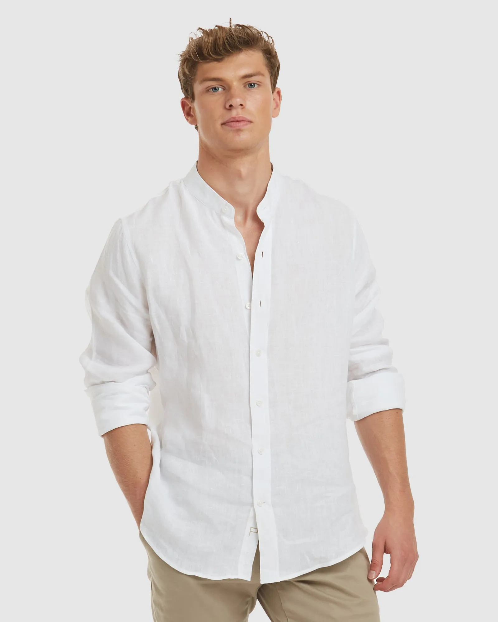 Palma-Slim White Mandarin Collar Linen Shirt