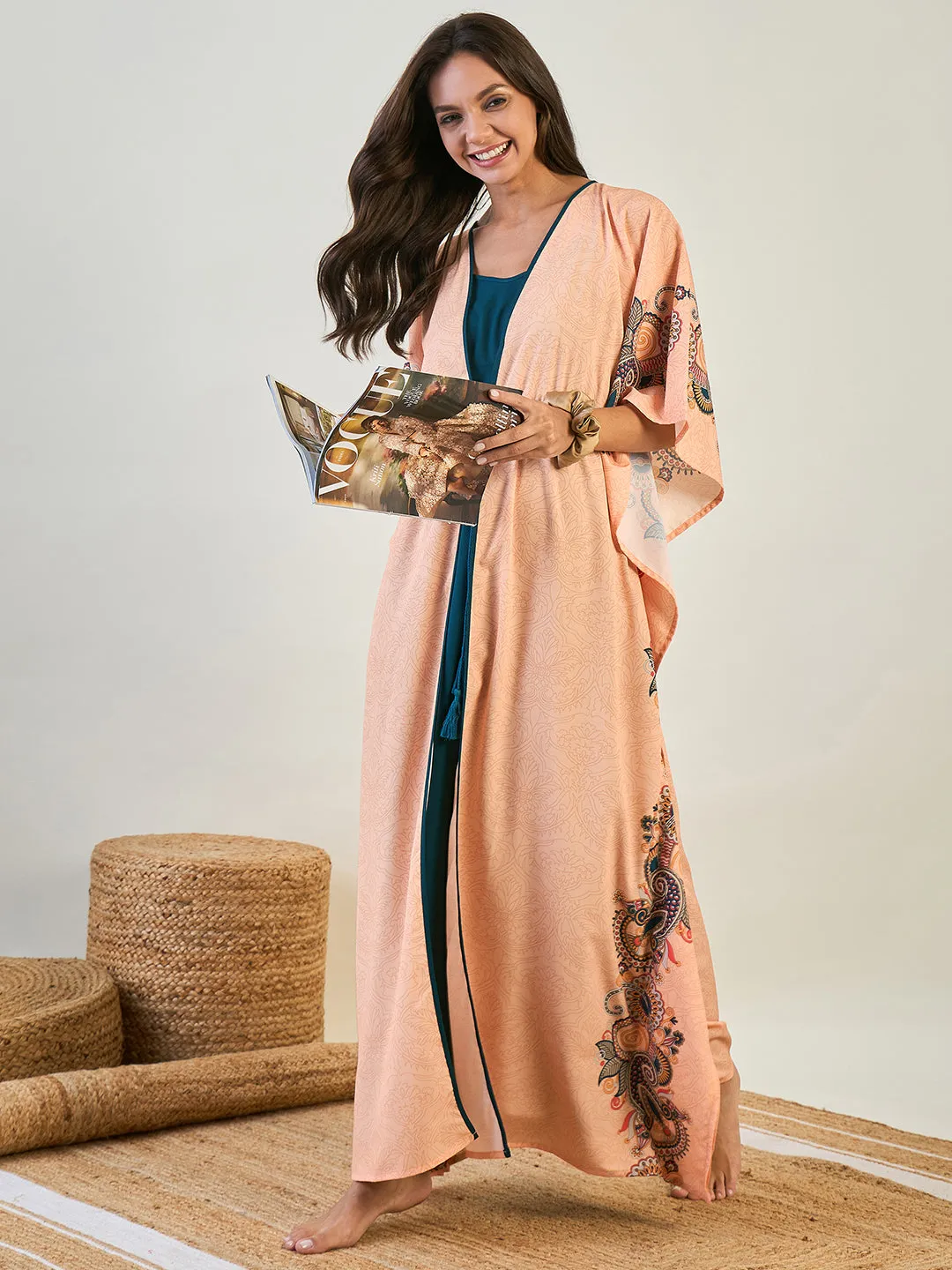 Peach Paisley Kaftan Gown with Blue Inner Slip