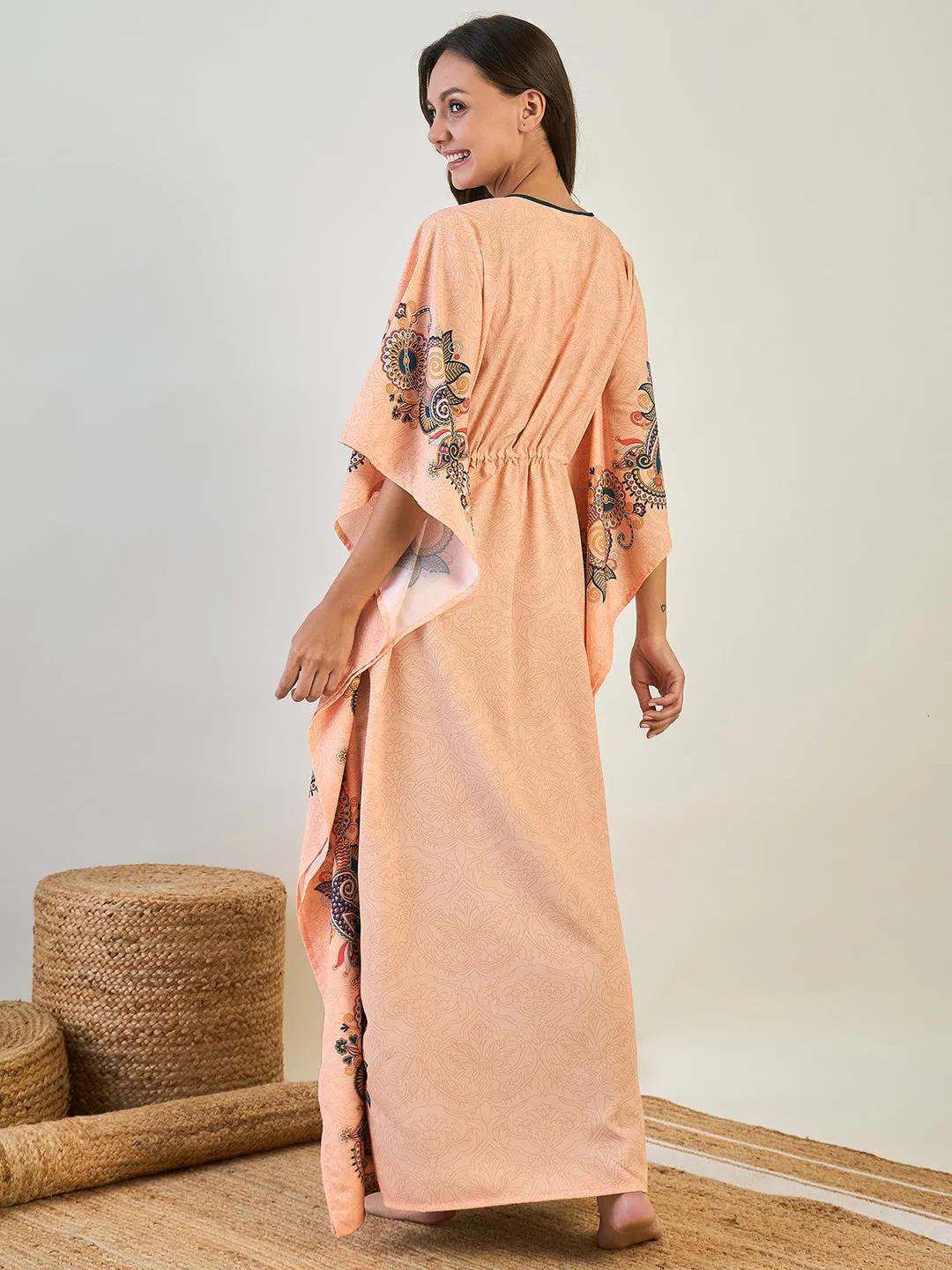 Peach Paisley Kaftan Gown with Blue Inner Slip