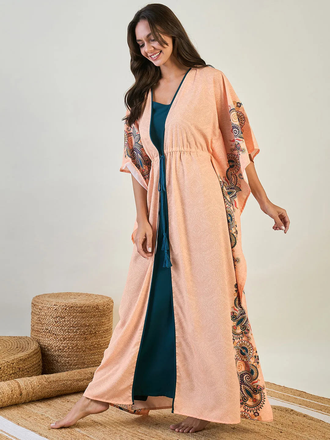 Peach Paisley Kaftan Gown with Blue Inner Slip