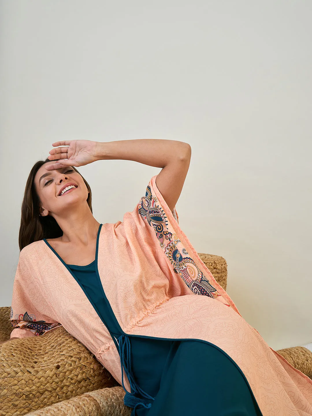 Peach Paisley Kaftan Gown with Blue Inner Slip