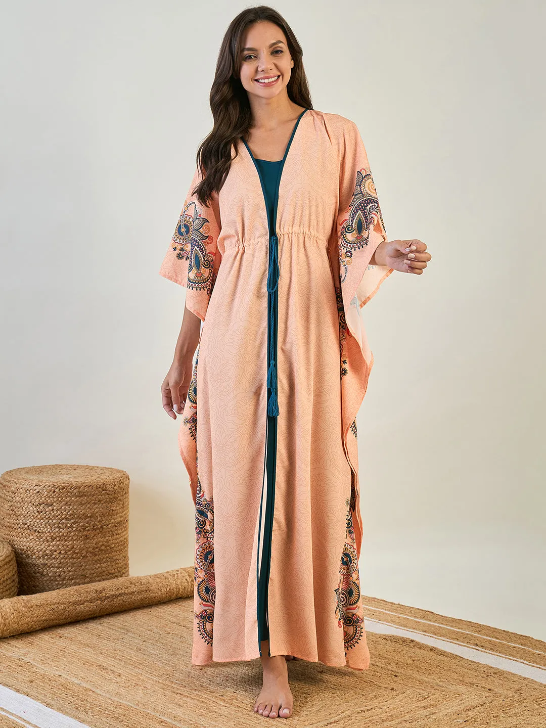 Peach Paisley Kaftan Gown with Blue Inner Slip