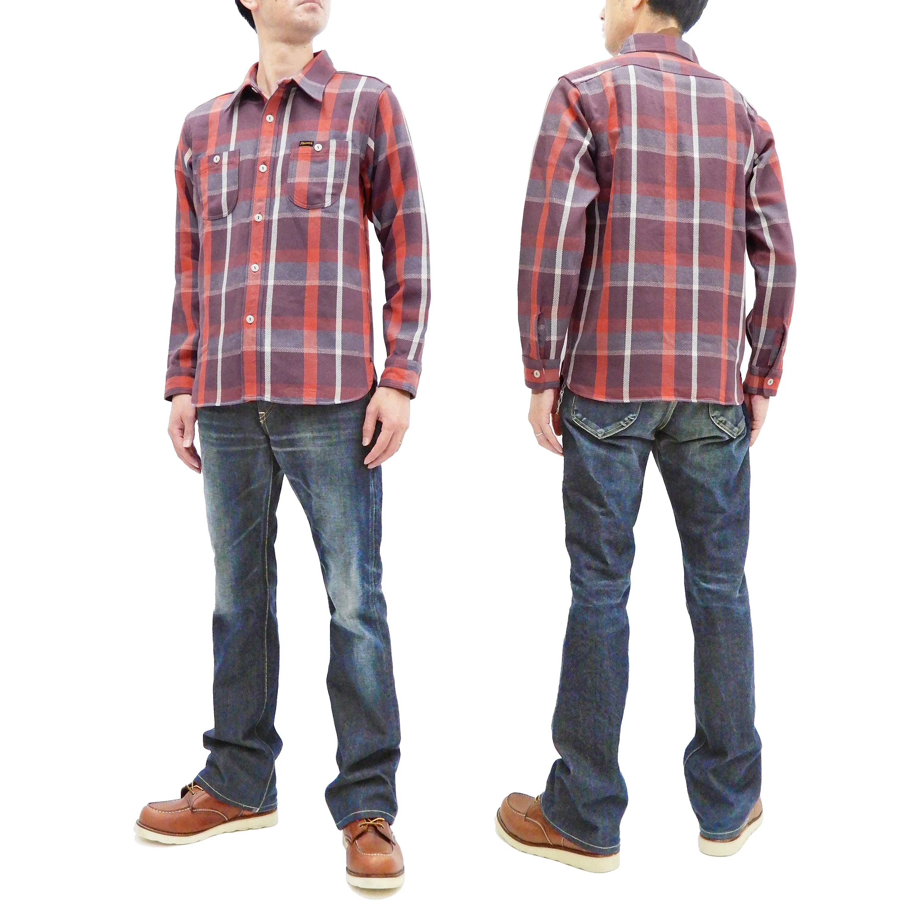 Pherrow's Plaid Flannel Shirt Mens Long Sleeve Checked Button Up Shirt 21W-720WS Purple/Red