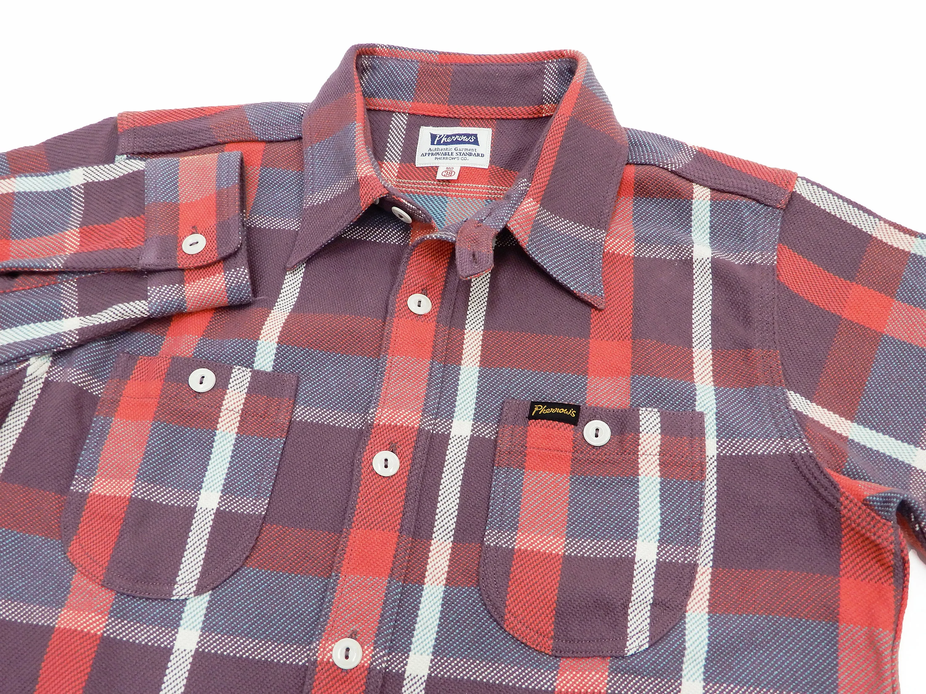 Pherrow's Plaid Flannel Shirt Mens Long Sleeve Checked Button Up Shirt 21W-720WS Purple/Red