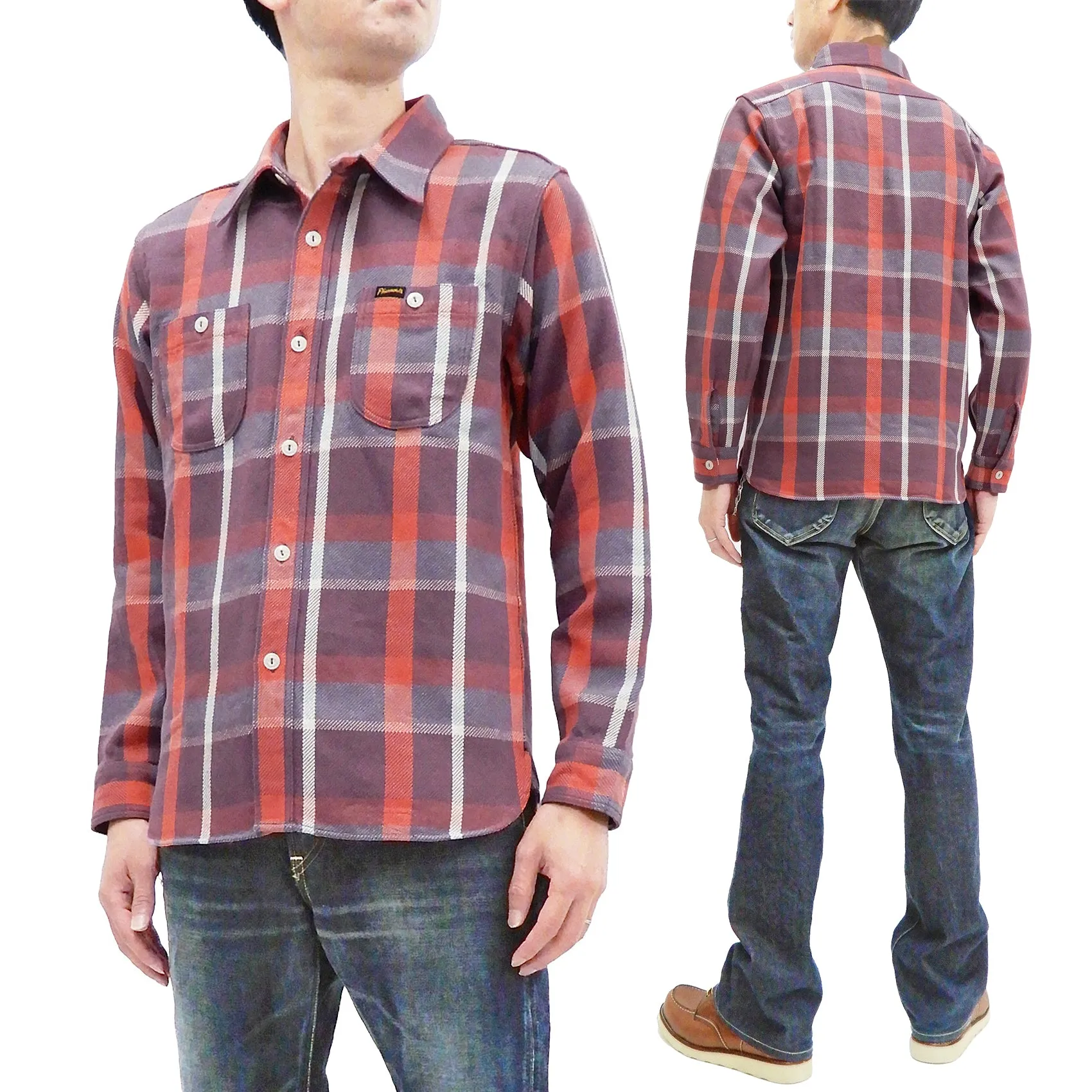 Pherrow's Plaid Flannel Shirt Mens Long Sleeve Checked Button Up Shirt 21W-720WS Purple/Red