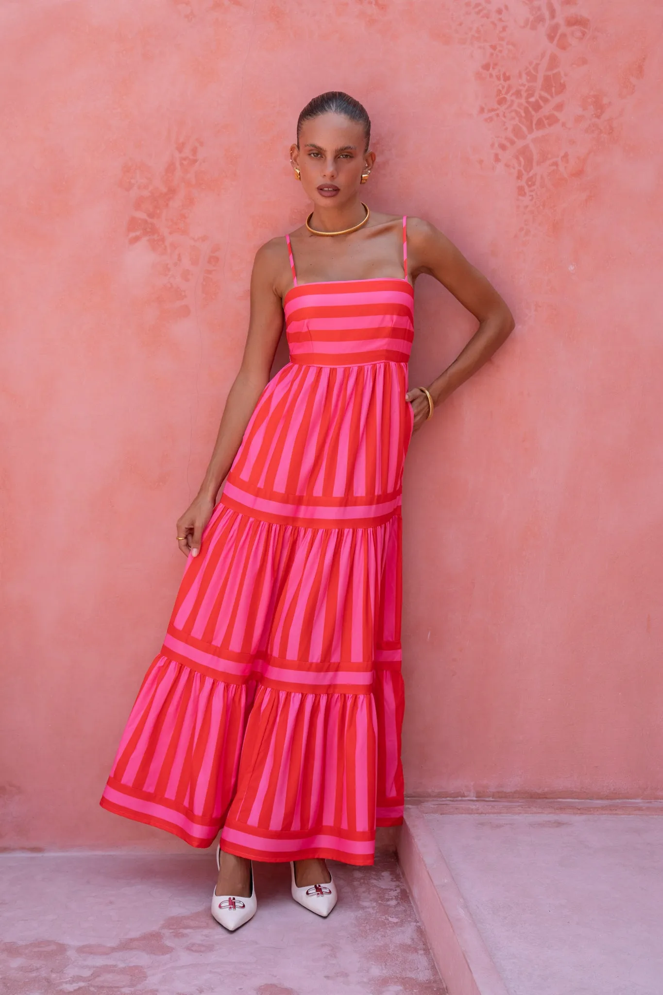 Pippa Pink Red Stripe Maxi Dress