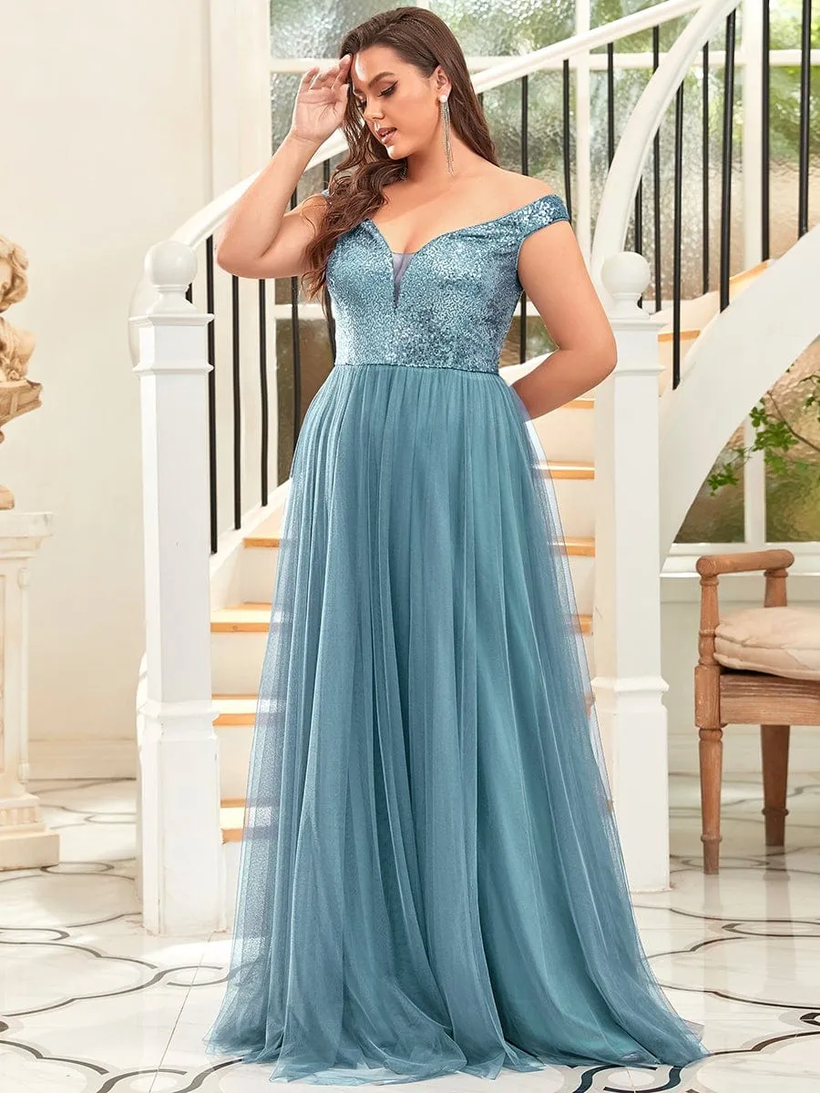 Plus Size Shiny Sequin Bodice Off the Shoulder Maxi Tulle Evening Dress