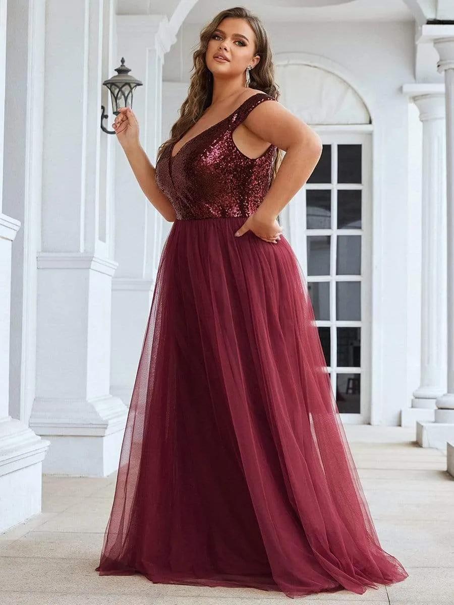 Plus Size Shiny Sequin Bodice Off the Shoulder Maxi Tulle Evening Dress