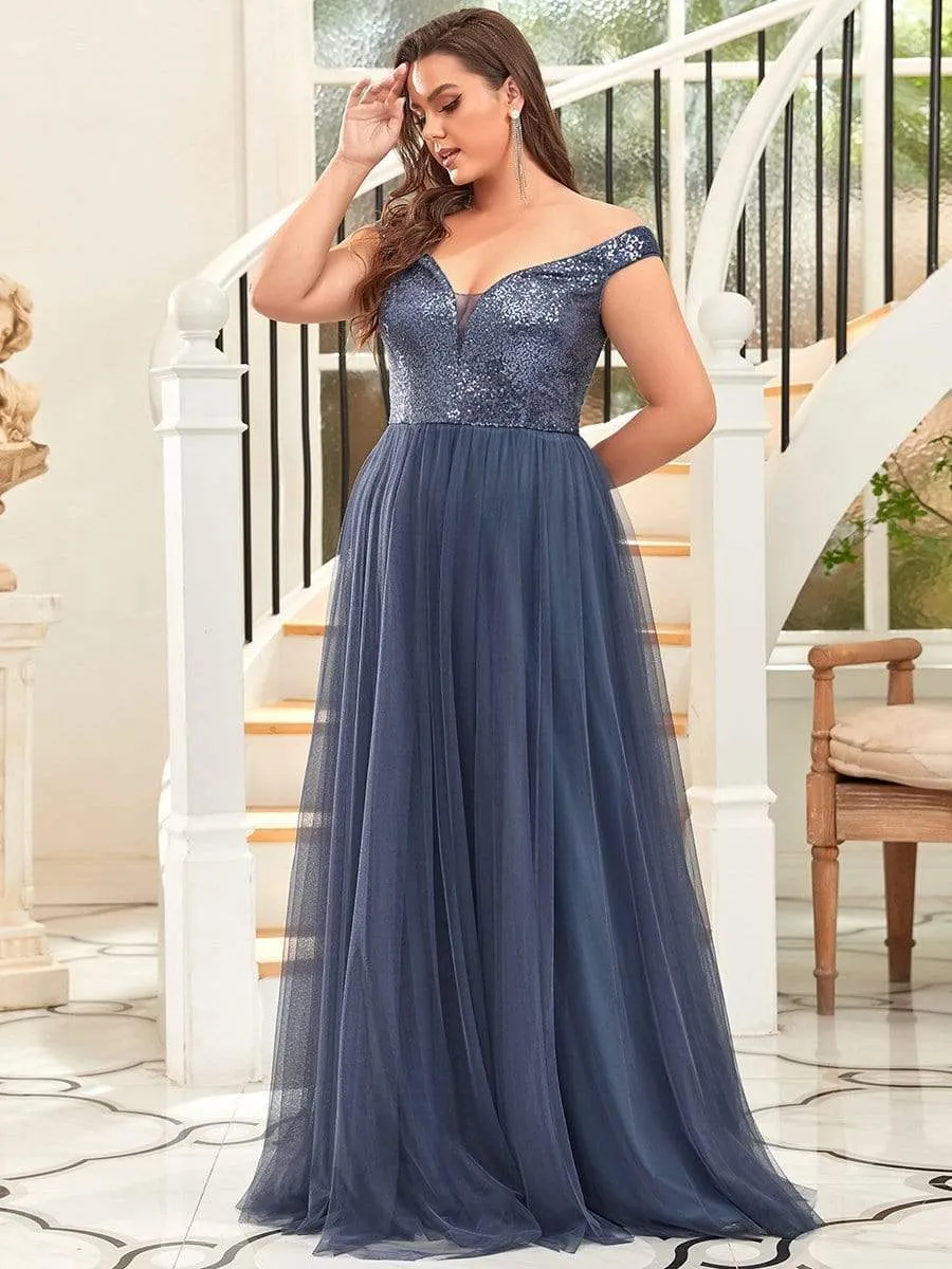 Plus Size Shiny Sequin Bodice Off the Shoulder Maxi Tulle Evening Dress