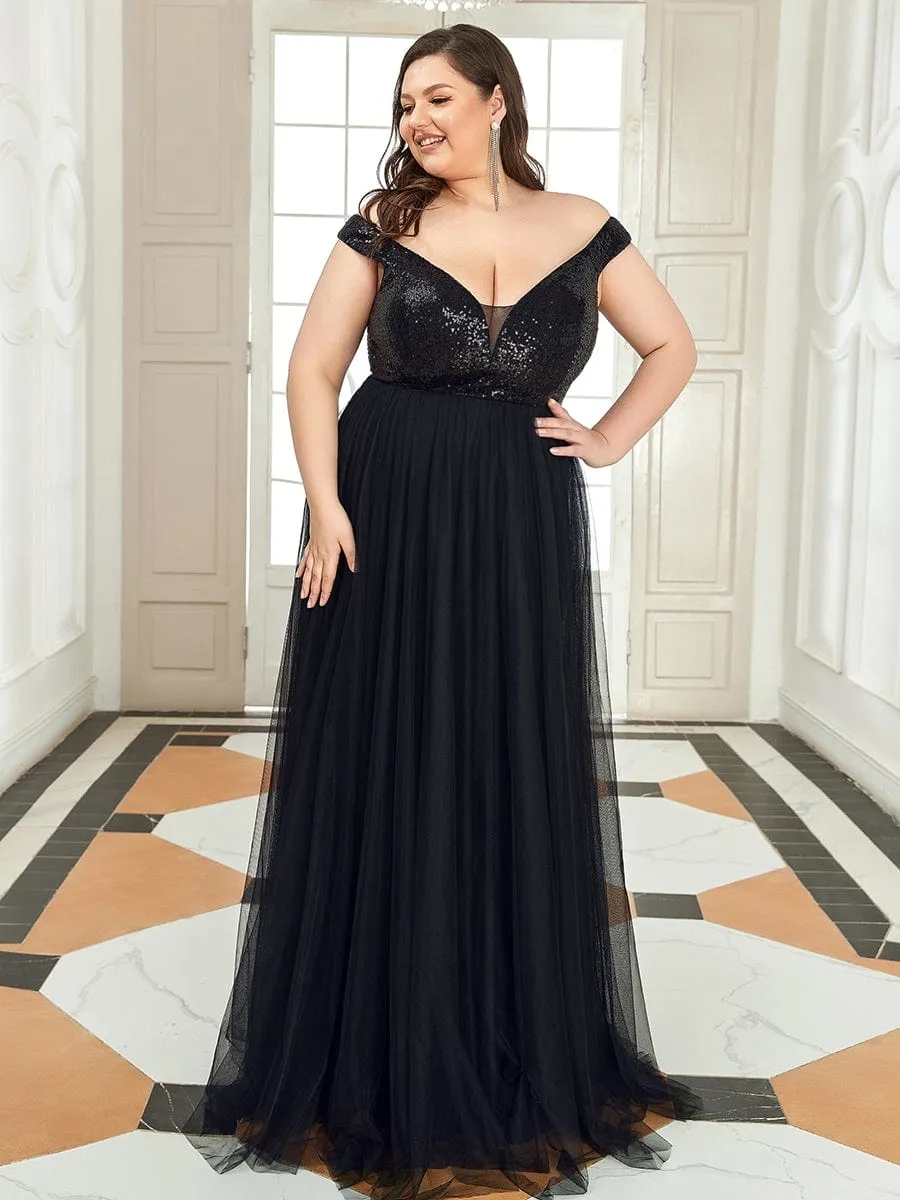 Plus Size Shiny Sequin Bodice Off the Shoulder Maxi Tulle Evening Dress