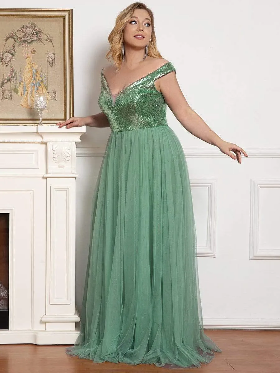 Plus Size Shiny Sequin Bodice Off the Shoulder Maxi Tulle Evening Dress