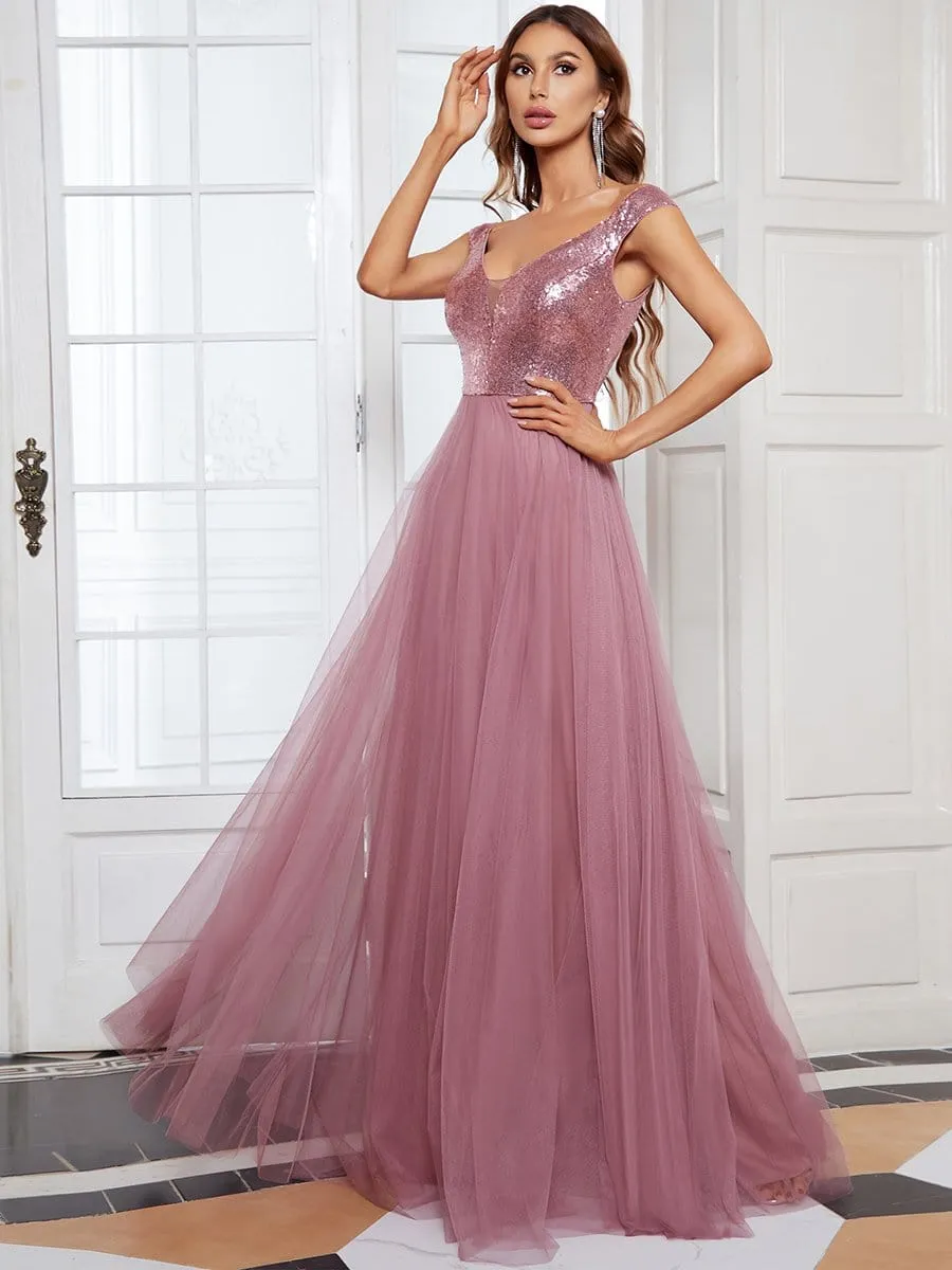 Plus Size Shiny Sequin Bodice Off the Shoulder Maxi Tulle Evening Dress