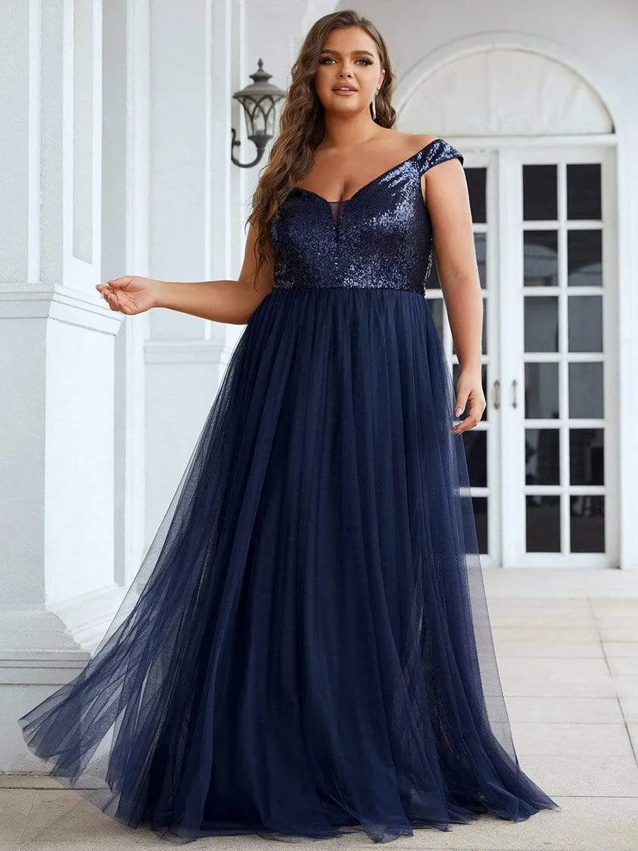 Plus Size Shiny Sequin Bodice Off the Shoulder Maxi Tulle Evening Dress