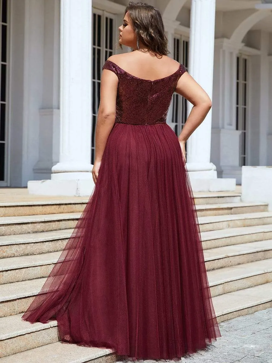 Plus Size Shiny Sequin Bodice Off the Shoulder Maxi Tulle Evening Dress