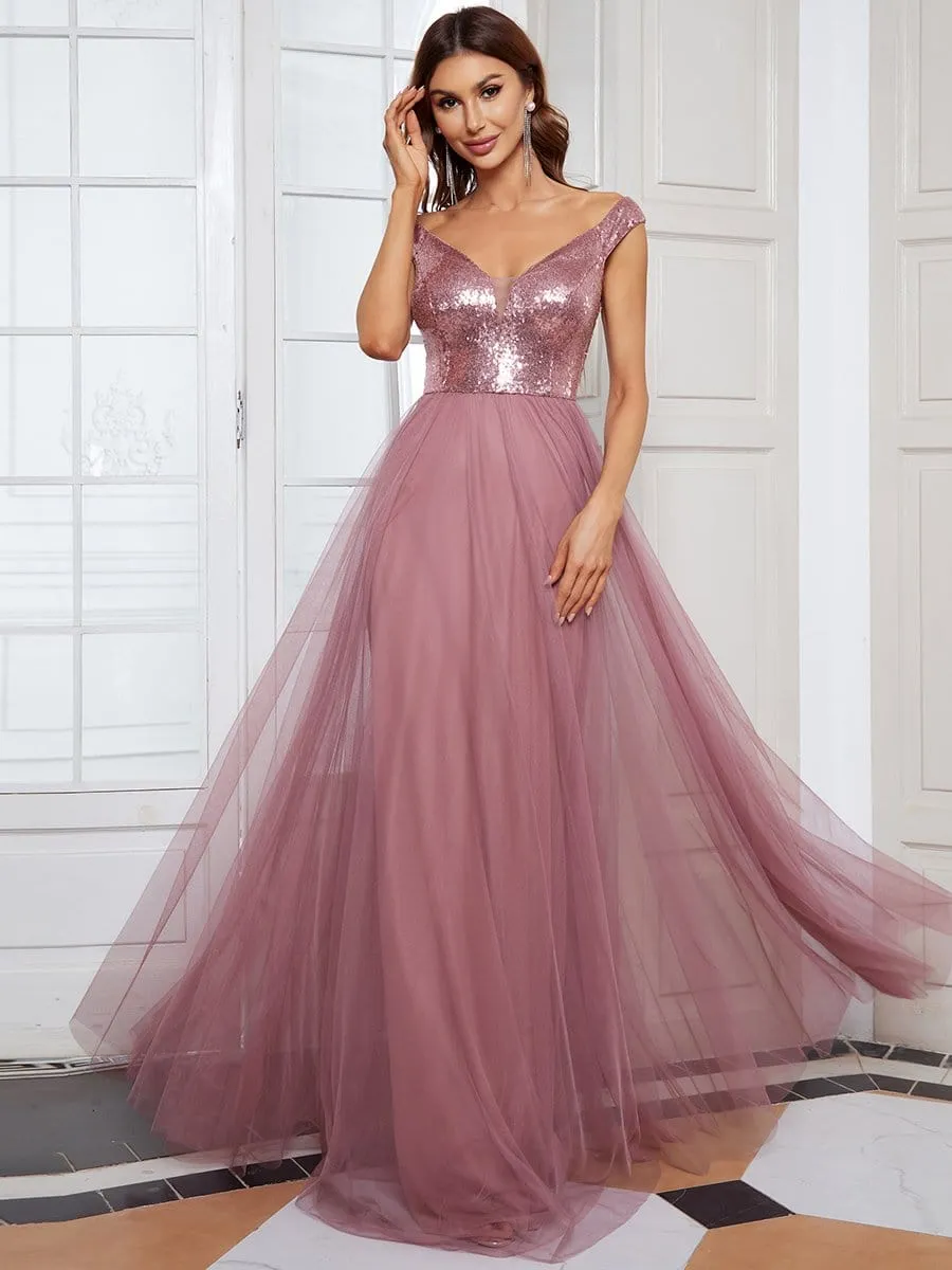 Plus Size Shiny Sequin Bodice Off the Shoulder Maxi Tulle Evening Dress