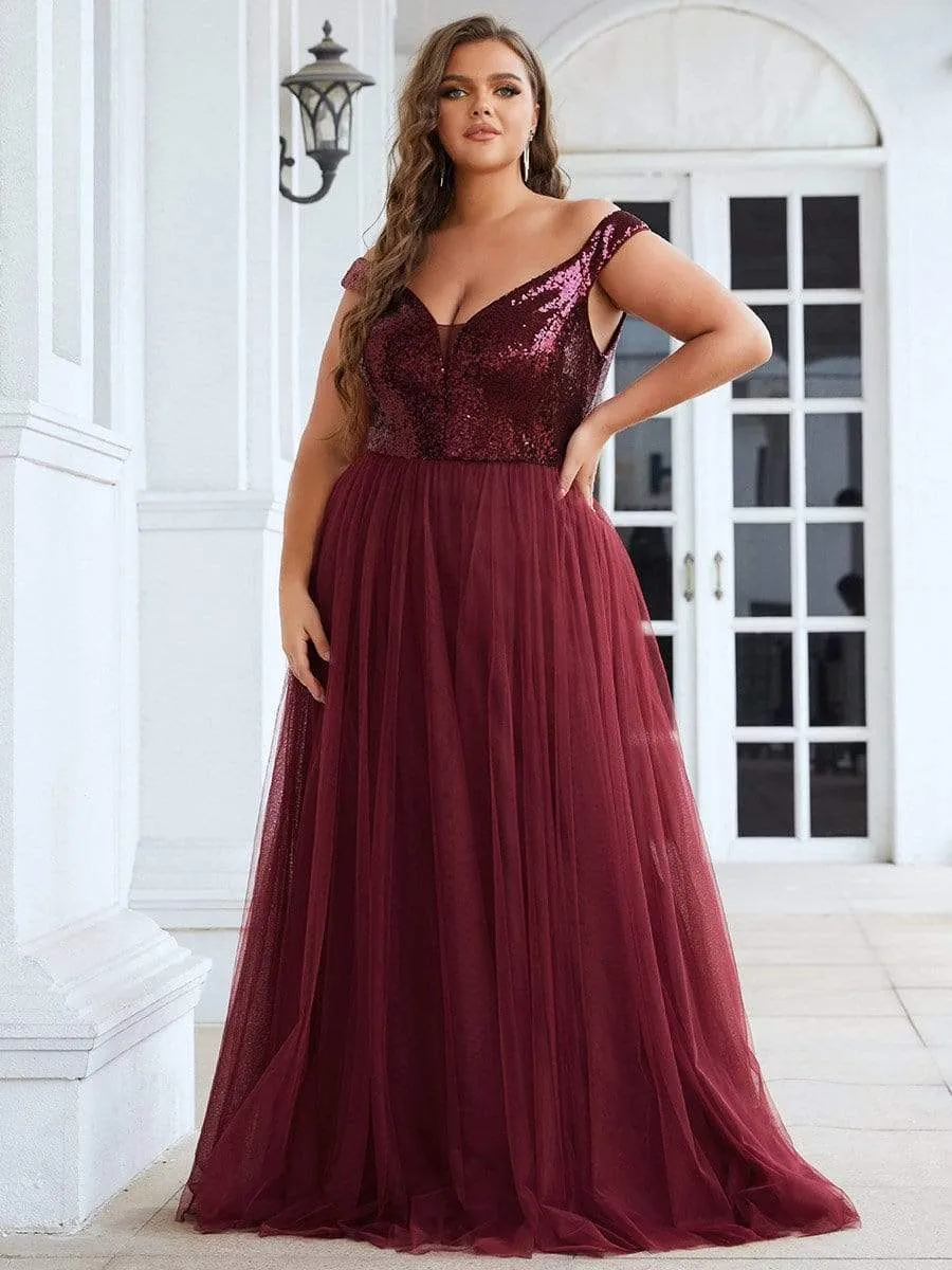 Plus Size Shiny Sequin Bodice Off the Shoulder Maxi Tulle Evening Dress