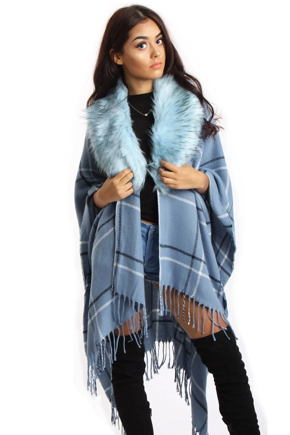 Powder Blue Check Blanket Cape with Tassels