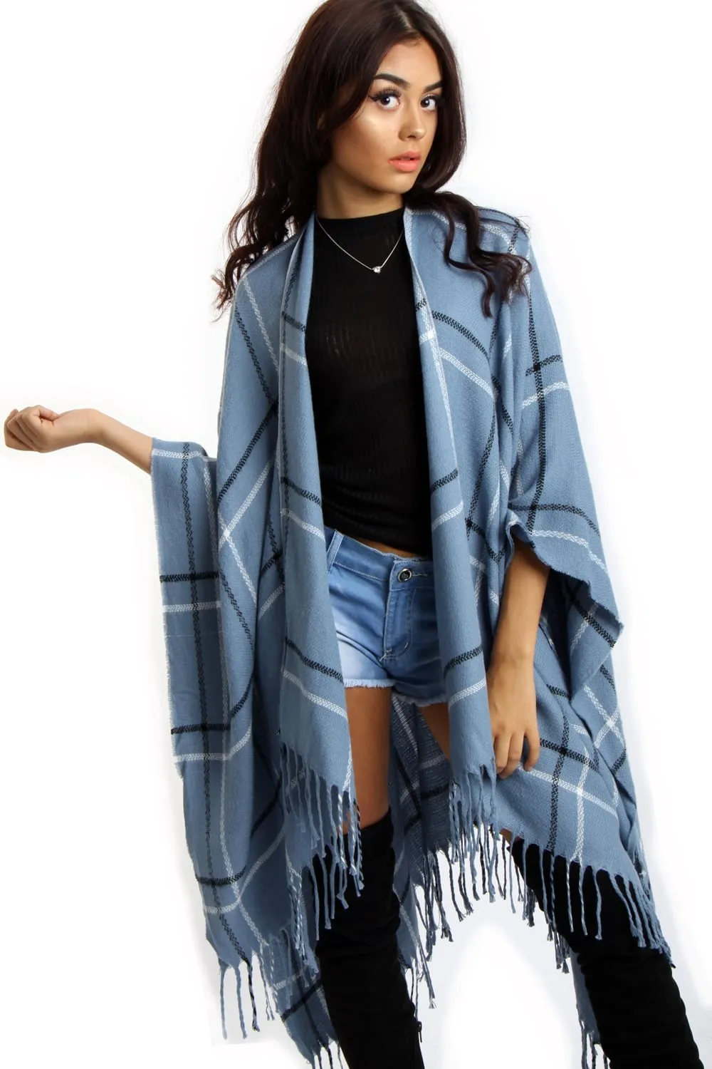 Powder Blue Check Blanket Cape with Tassels