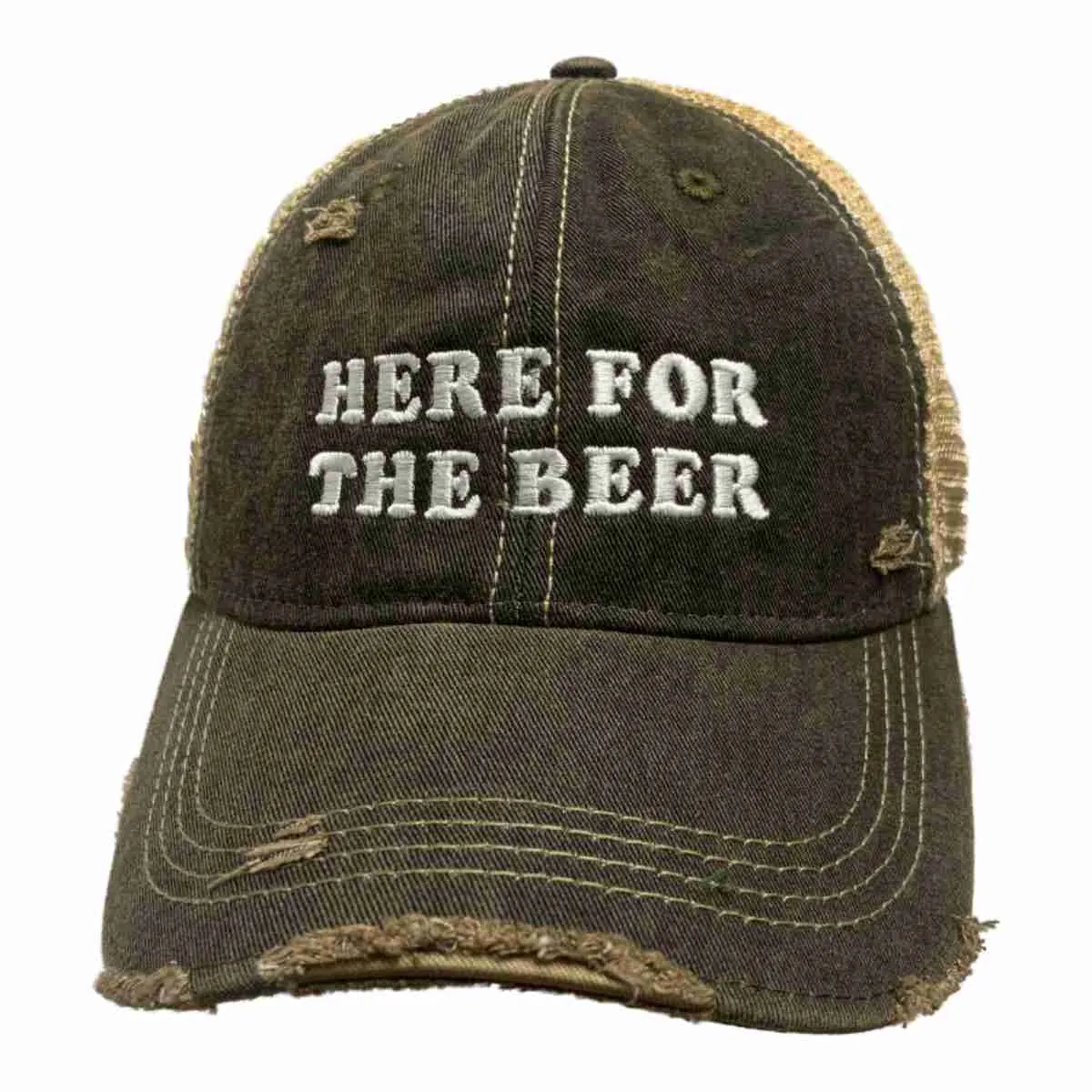 "Here for the Beer" Original Retro Brand Mudwashed Distressed Mesh Adj. Hat Cap