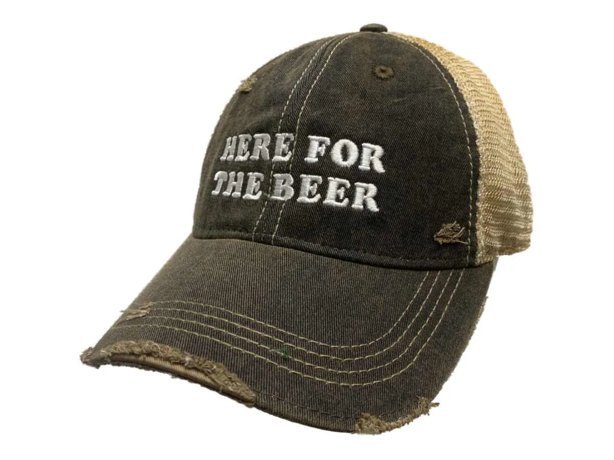 "Here for the Beer" Original Retro Brand Mudwashed Distressed Mesh Adj. Hat Cap