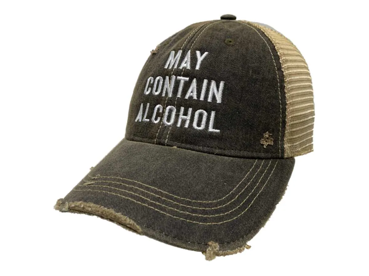 "May Contain Alcohol" Retro Brand Mudwashed Distressed Mesh Adj Snapback Hat Cap