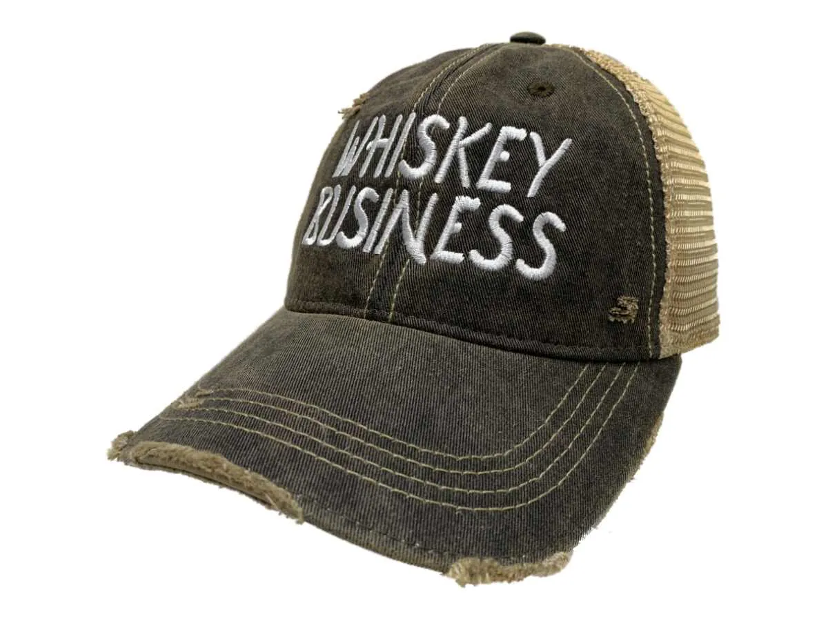 "Whiskey Business" Retro Brand Mudwashed Distressed Mesh Adj. Snapback Hat Cap