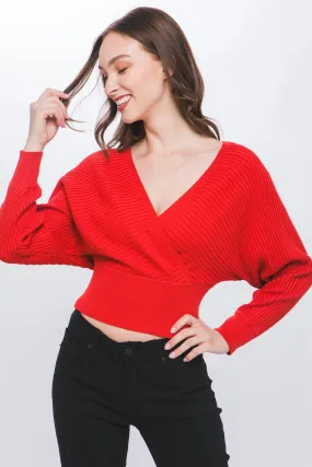 Red Surplice Neckline Ribbed Sweater