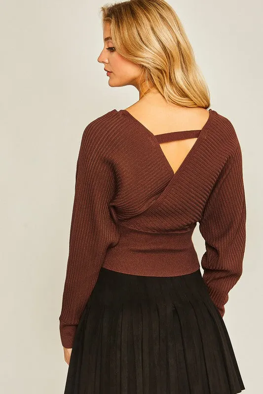 Red Surplice Neckline Ribbed Sweater