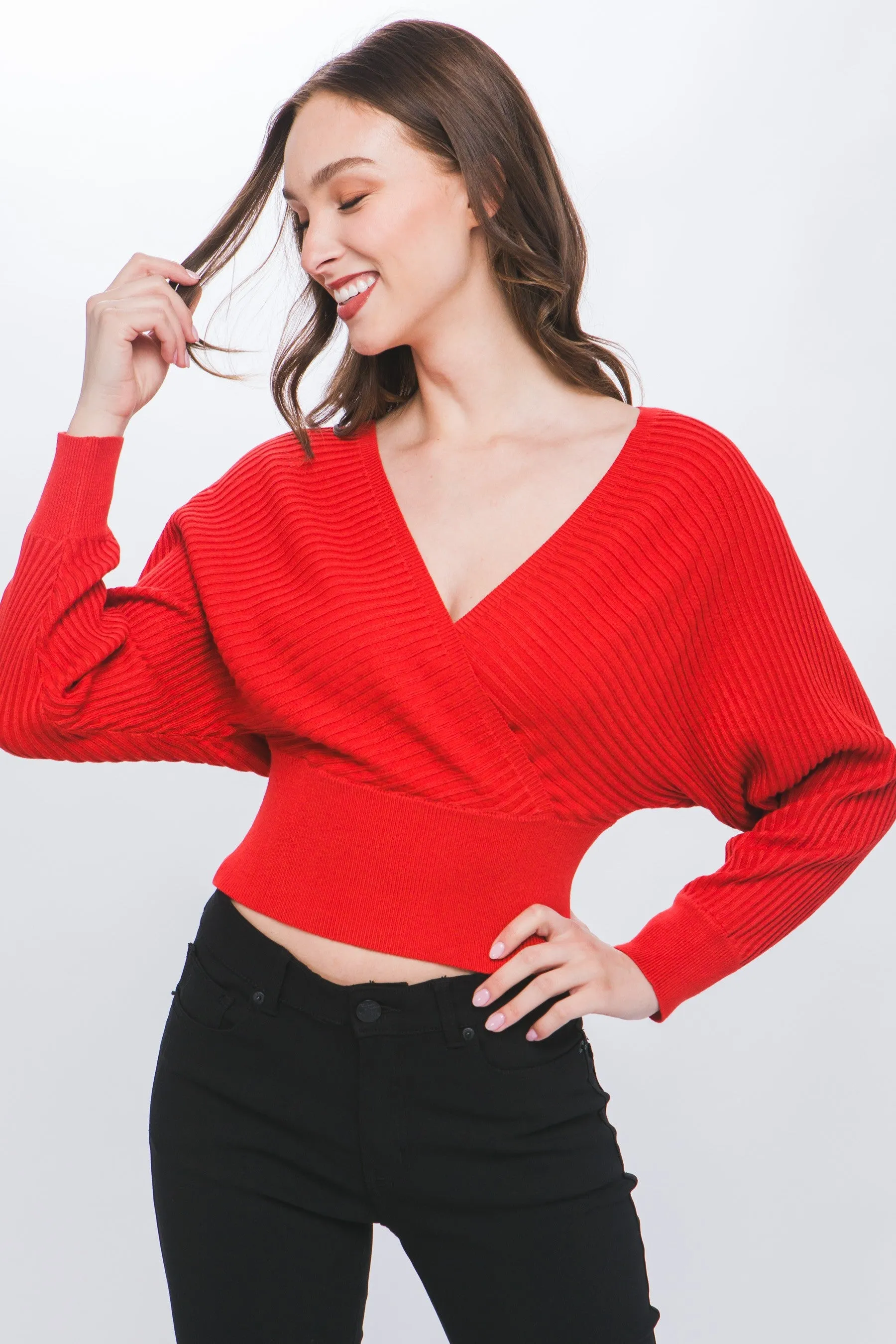 Red Surplice Neckline Ribbed Sweater