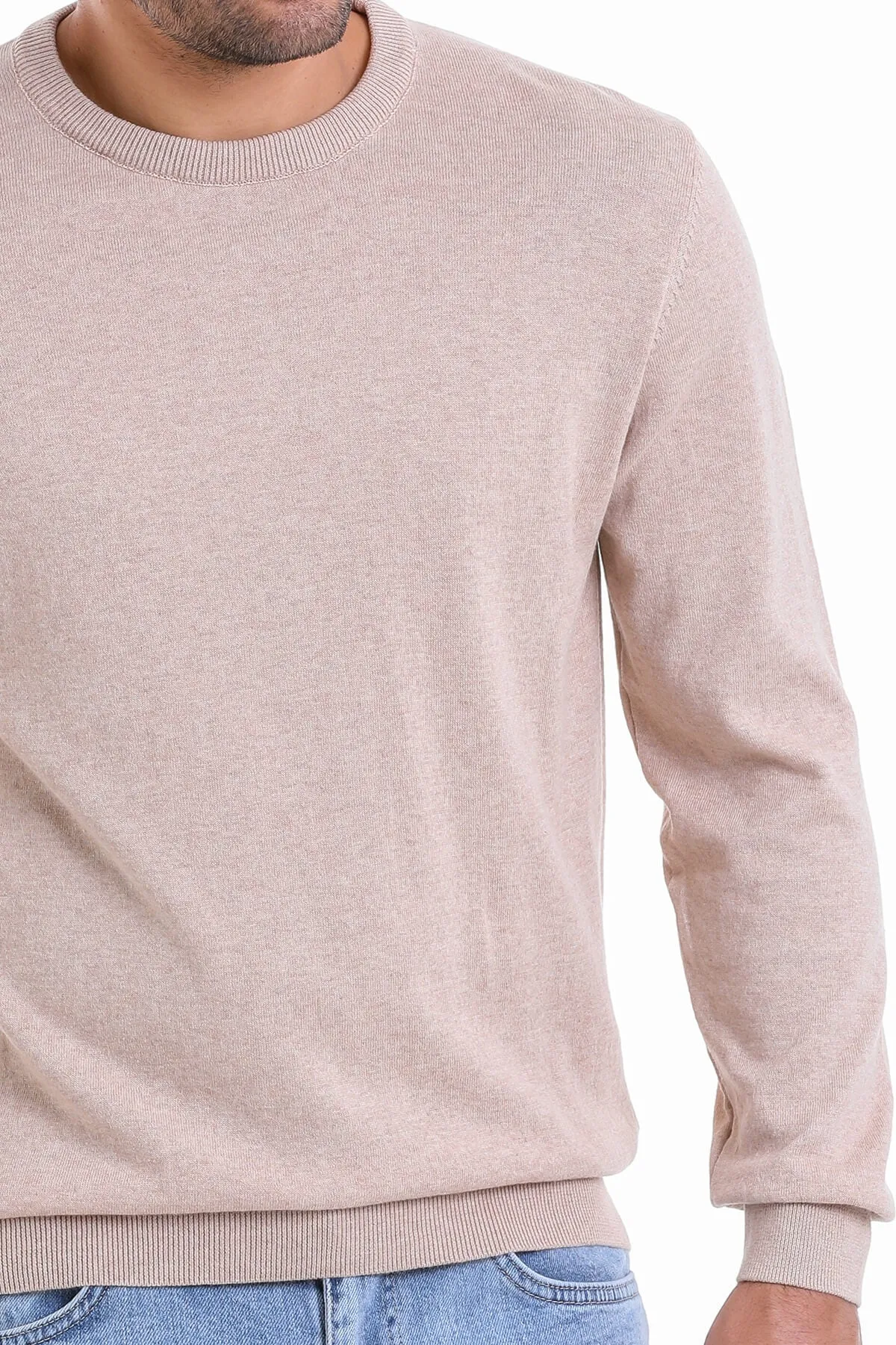 Regular Fit Plain Cotton Beige Crewneck Sweater, Beige M.