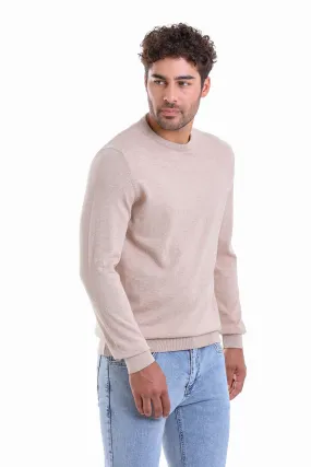 Regular Fit Plain Cotton Beige Crewneck Sweater, Beige M.