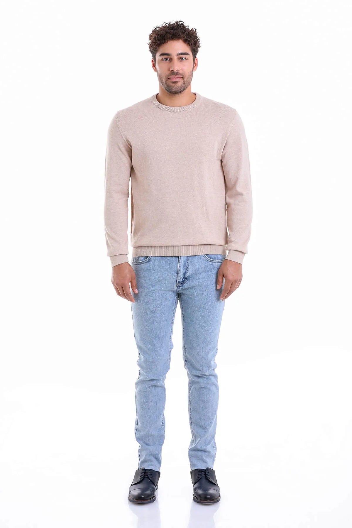 Regular Fit Plain Cotton Beige Crewneck Sweater, Beige M.