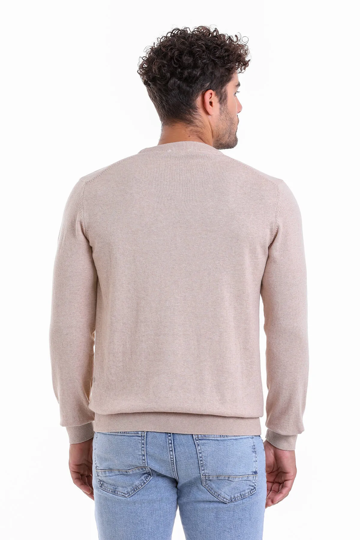 Regular Fit Plain Cotton Beige Crewneck Sweater, Beige M.