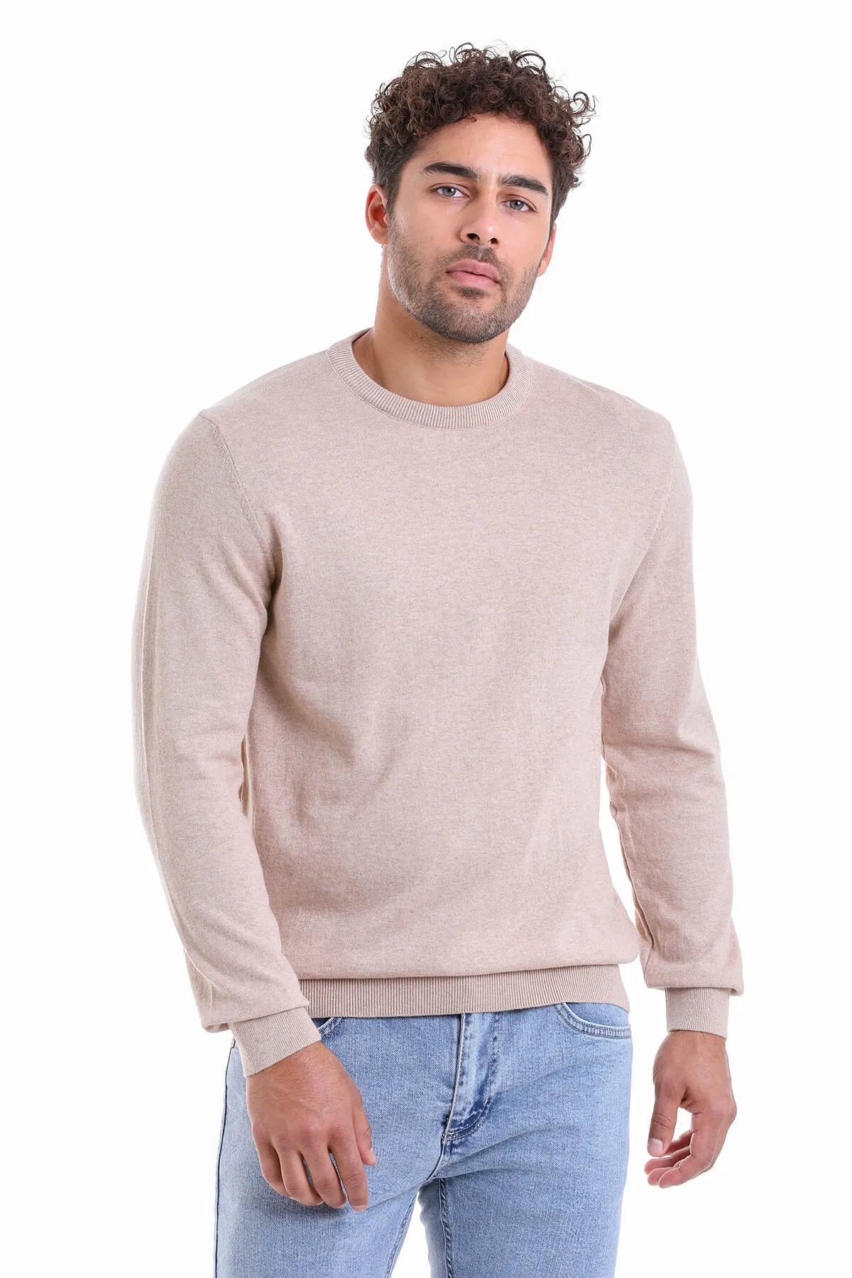 Regular Fit Plain Cotton Beige Crewneck Sweater, Beige M.