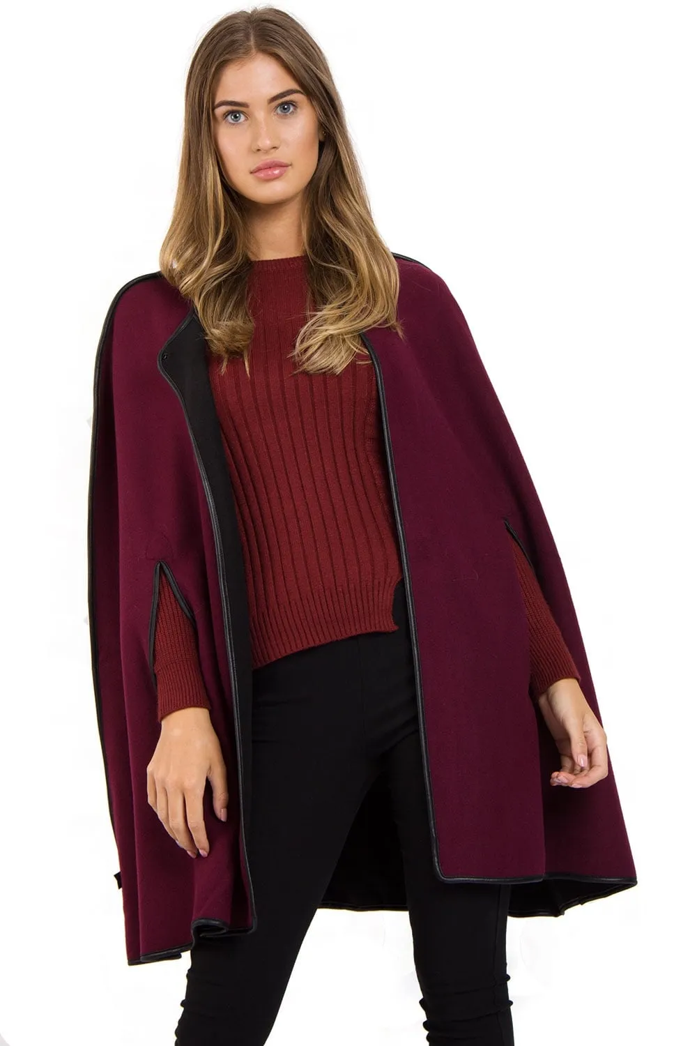 Reversable Pu Leather Trim Poncho Cape