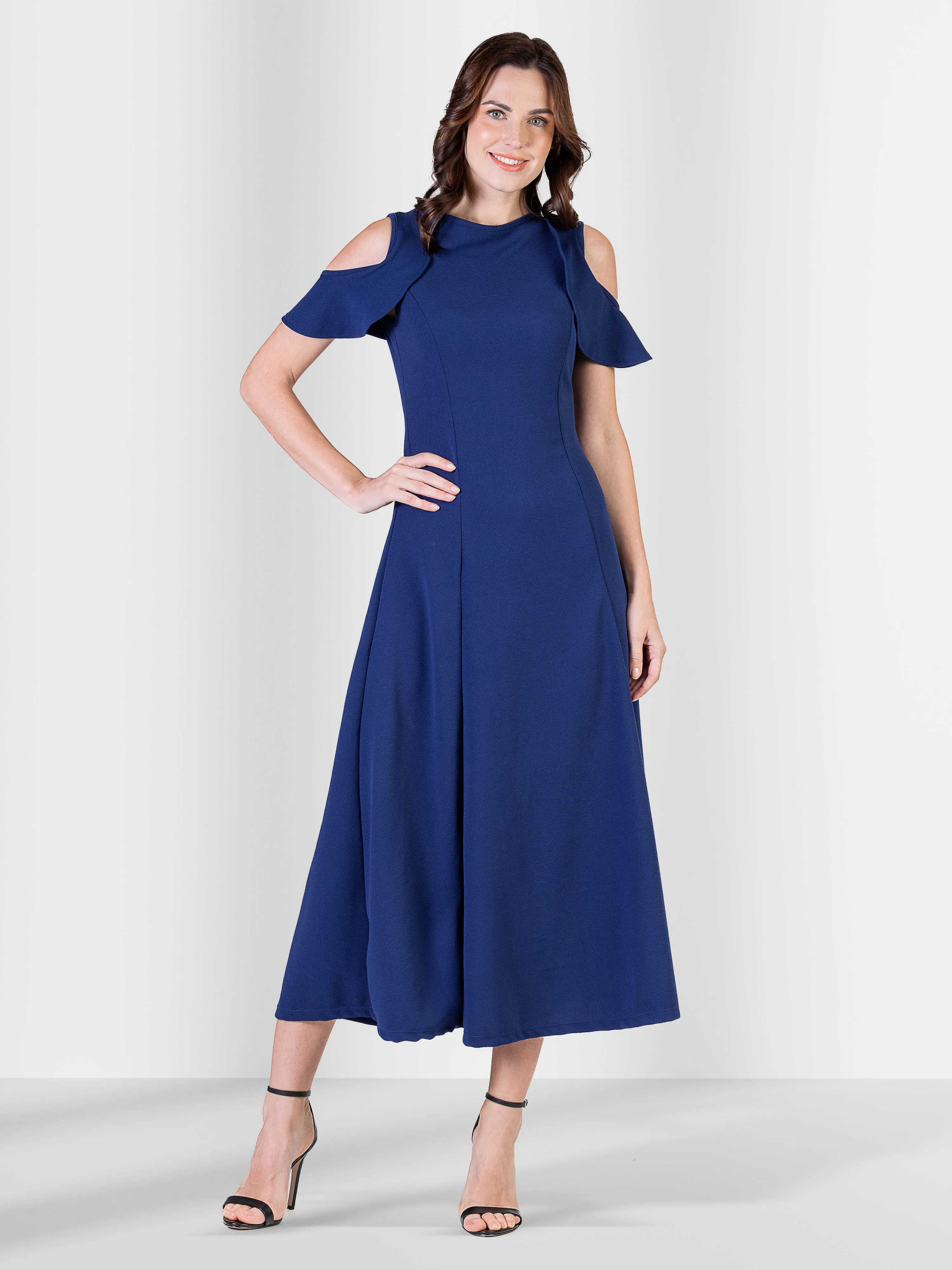 Ruffle Cold Shoulder A Line Maxi Dress