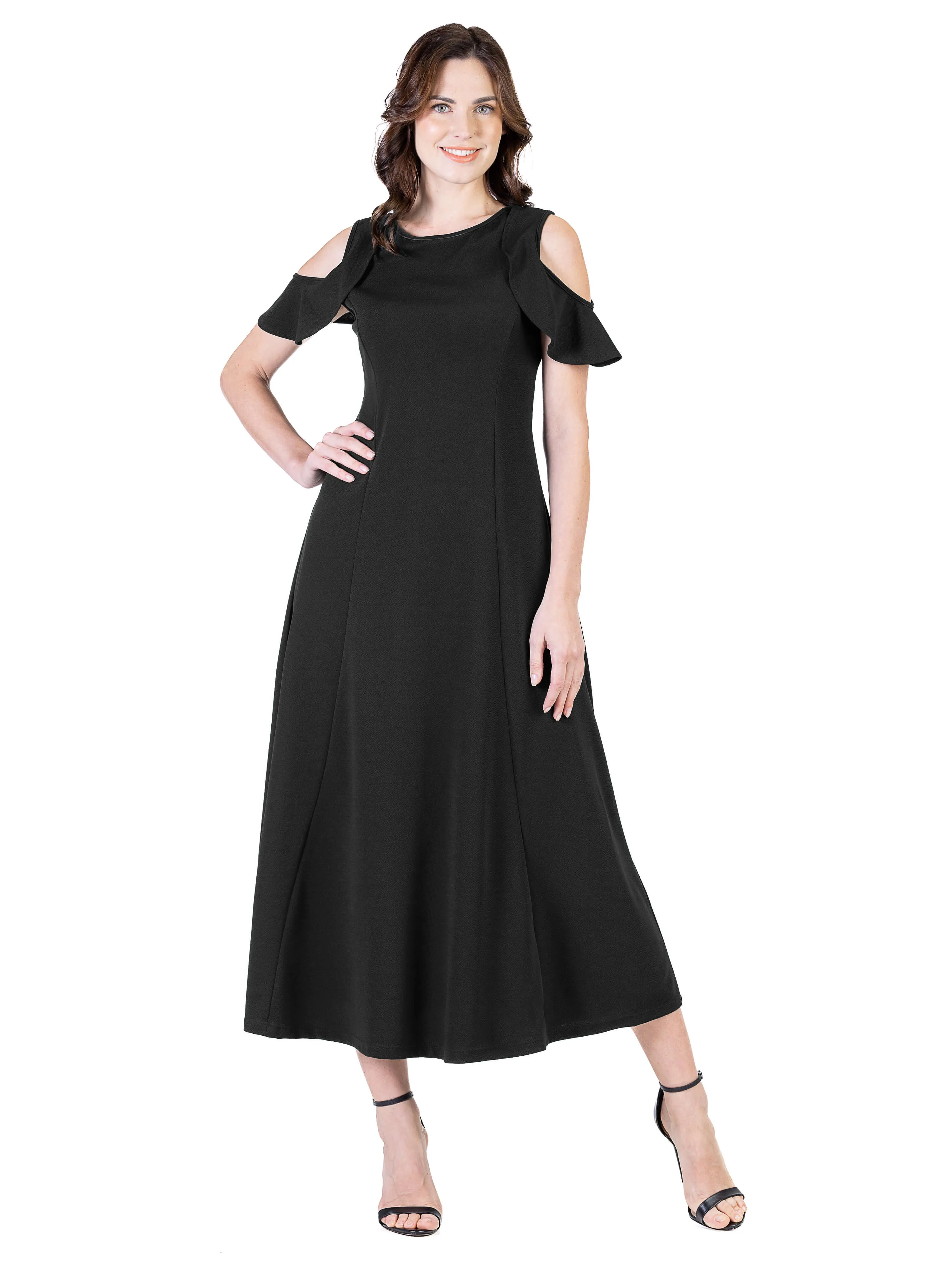 Ruffle Cold Shoulder A Line Maxi Dress