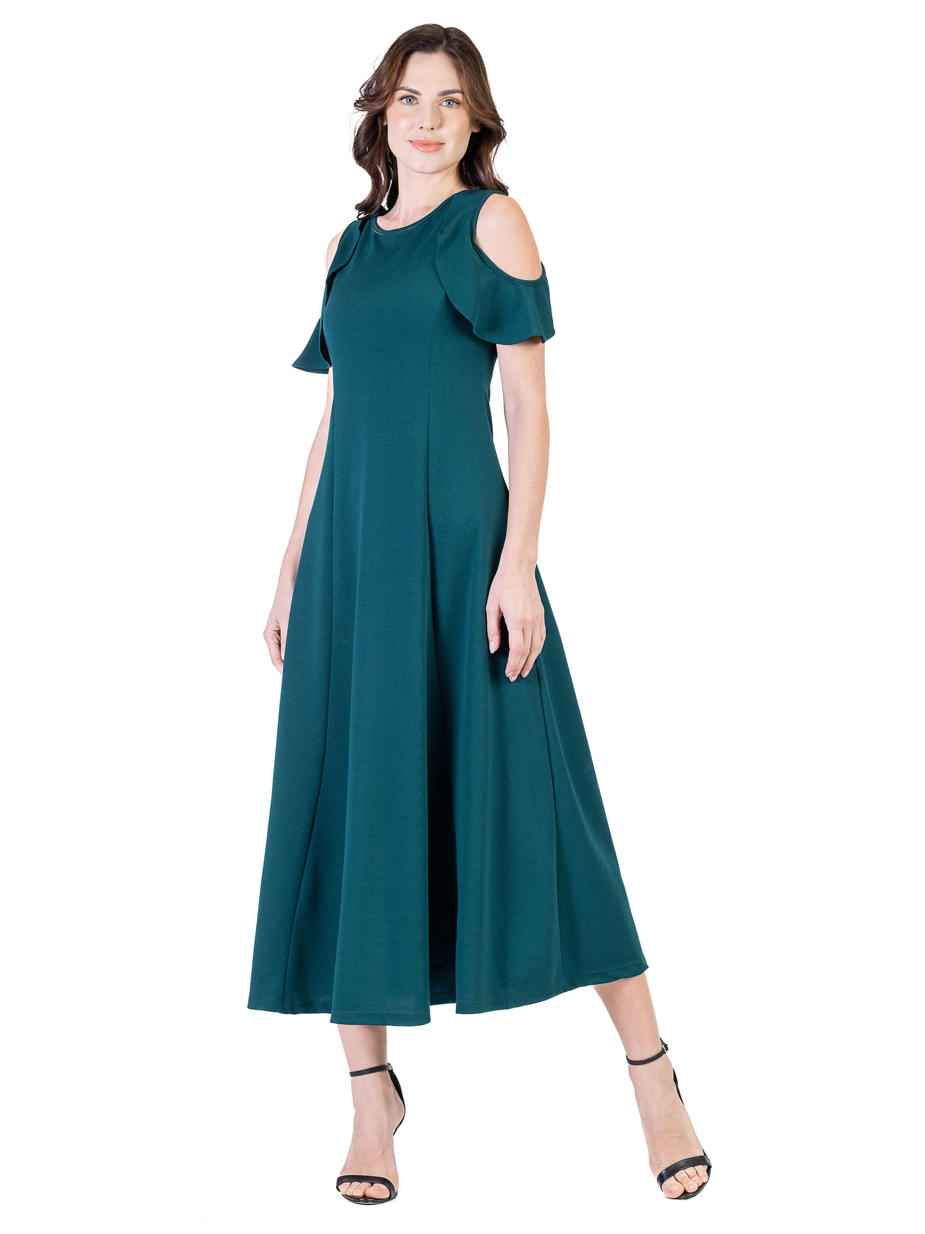 Ruffle Cold Shoulder A Line Maxi Dress