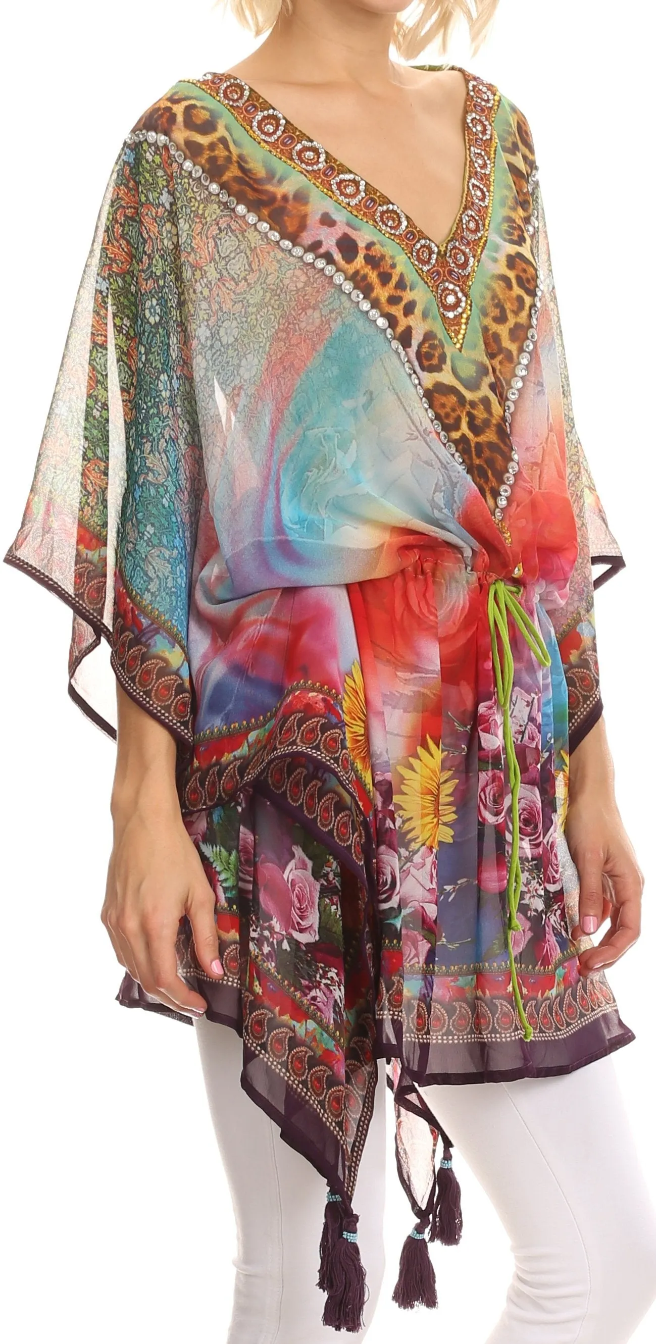 Sakkas Fual Long Printed Square Adjustable Waist Beaded Tassel Caftan Cover Up