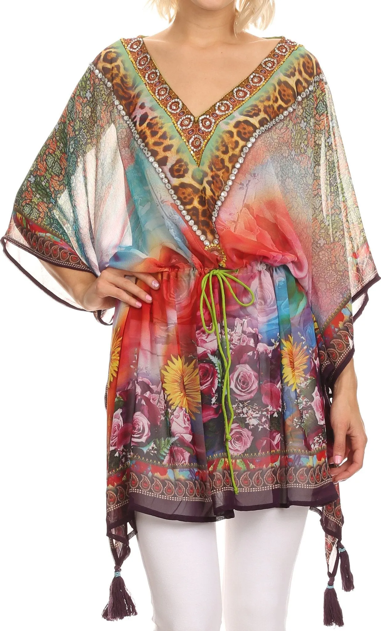 Sakkas Fual Long Printed Square Adjustable Waist Beaded Tassel Caftan Cover Up