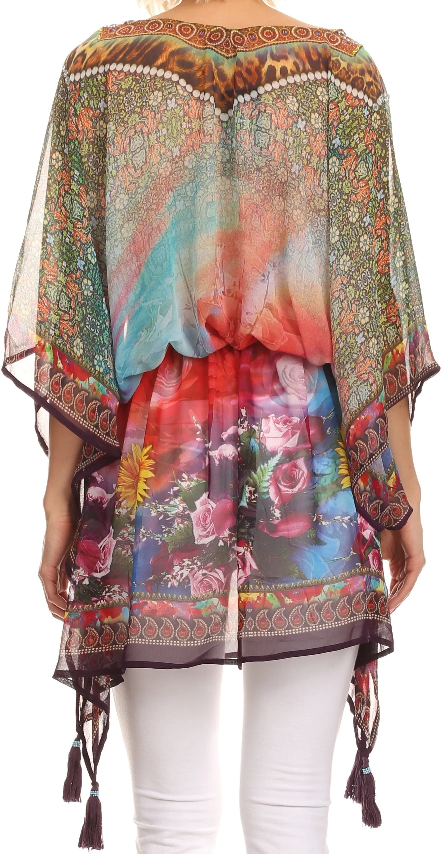 Sakkas Fual Long Printed Square Adjustable Waist Beaded Tassel Caftan Cover Up